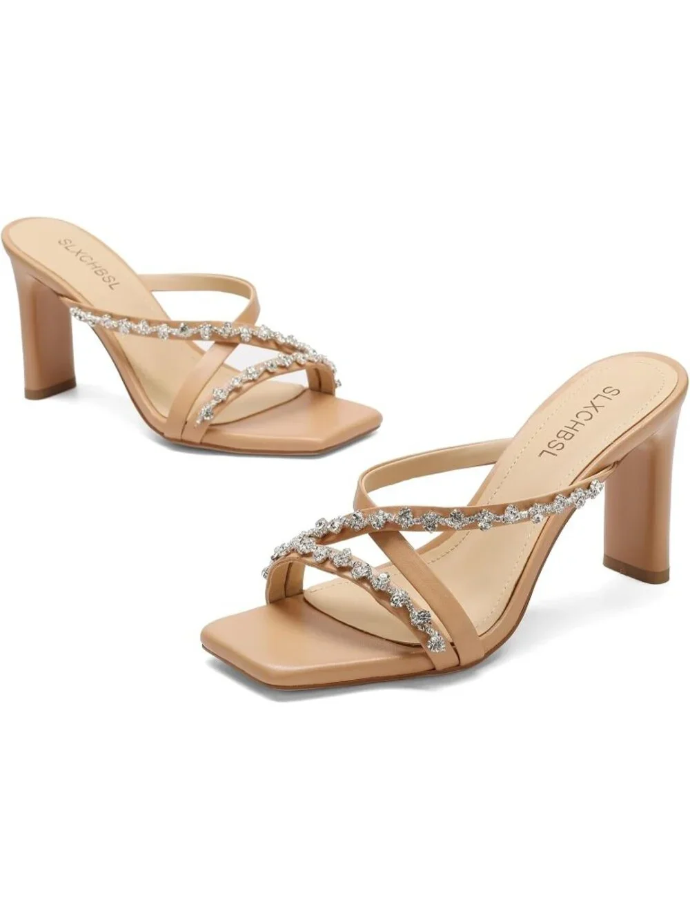 Women's Nude Slip On Chunky Heels Square Open Toe Heeled Sandals 3.2 Inch Heels